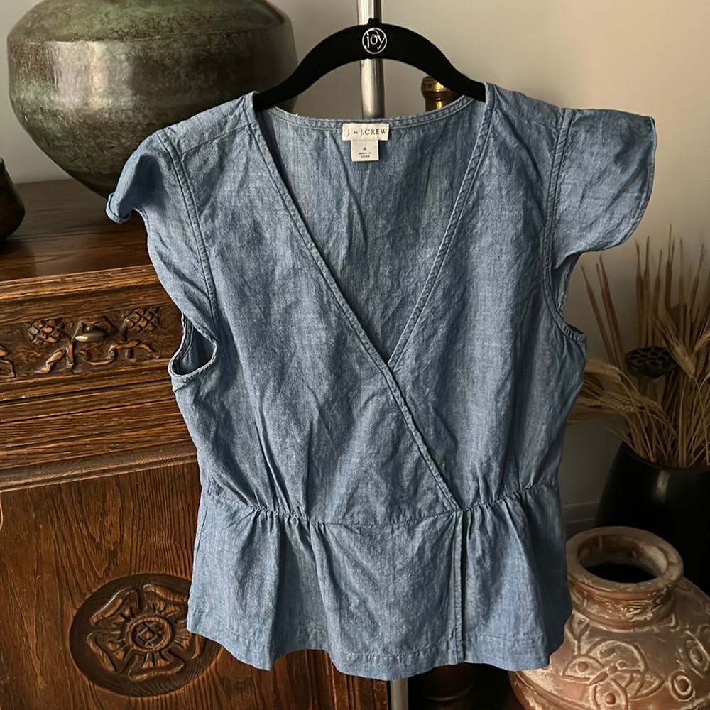 J Crew Denim Chambray Faux Wrap Top